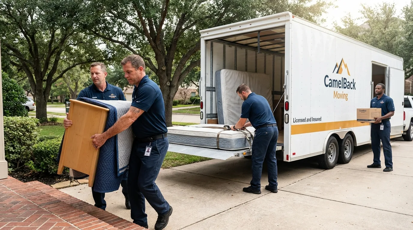 Crew loading residential truck for cross-state move from Muleshoe, TX