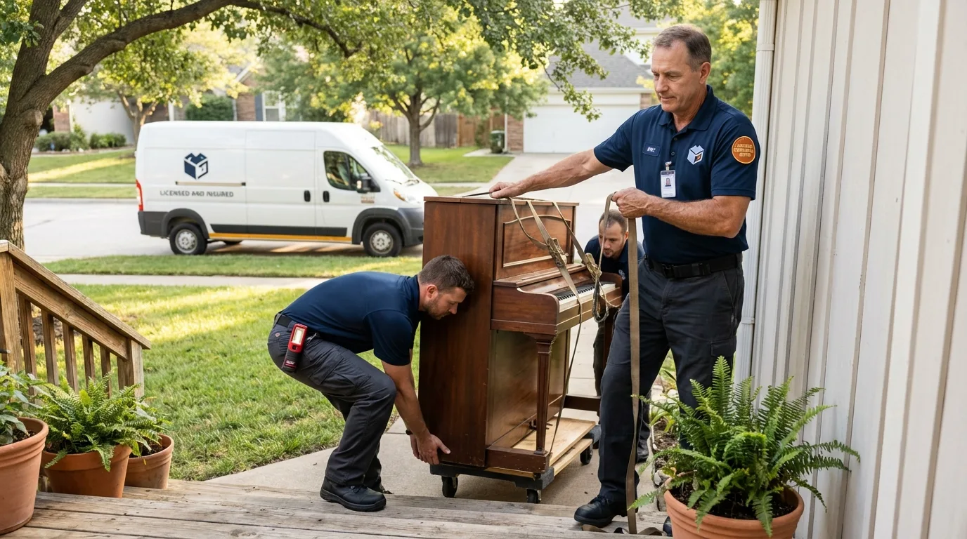Licensed piano movers securing grand piano in Muleshoe, TX