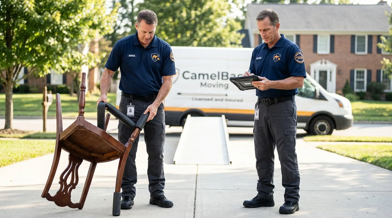 Movers inspecting furniture for damage prevention before loading in Muleshoe, TX