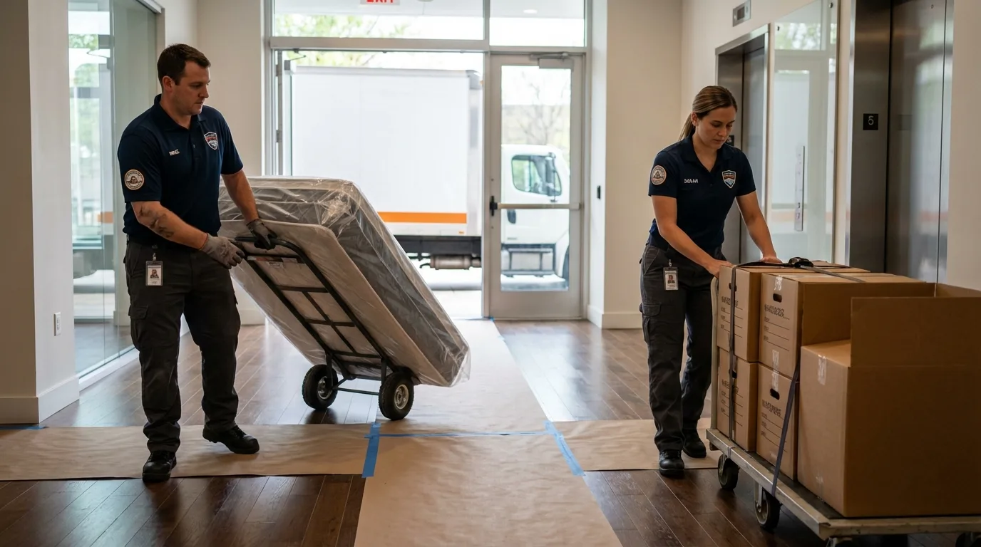 Professional apartment movers loading elevator in Muleshoe, TX